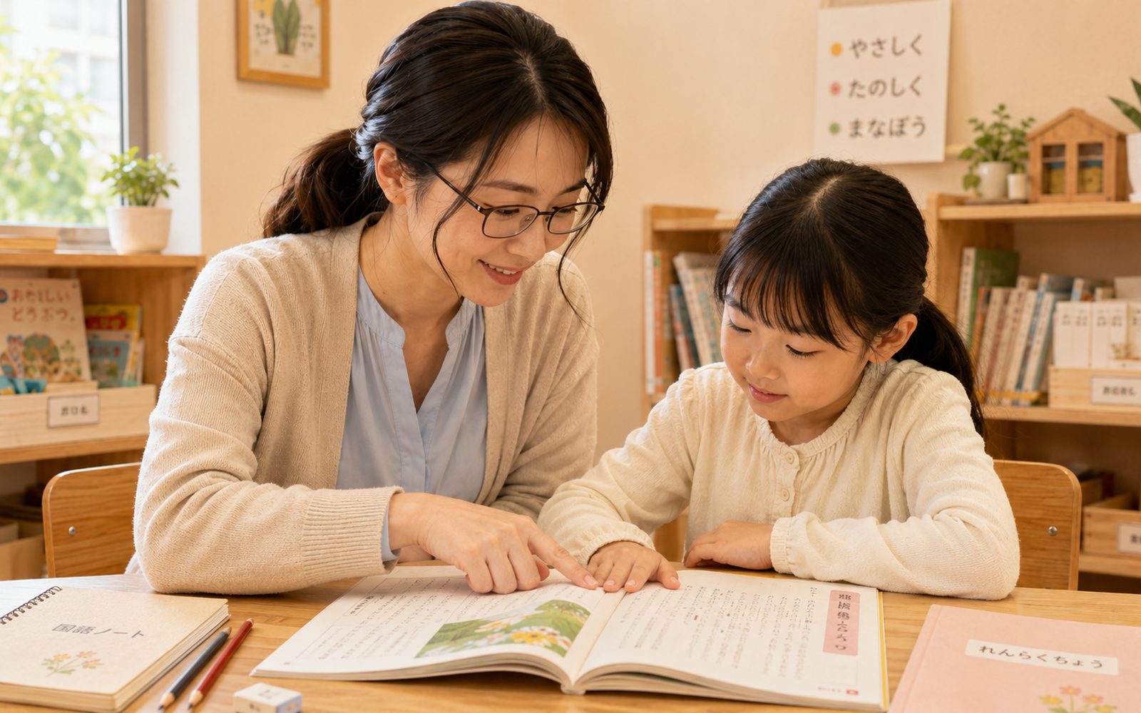 本を一緒に読むお母さんと小学生の女の子のイメージ