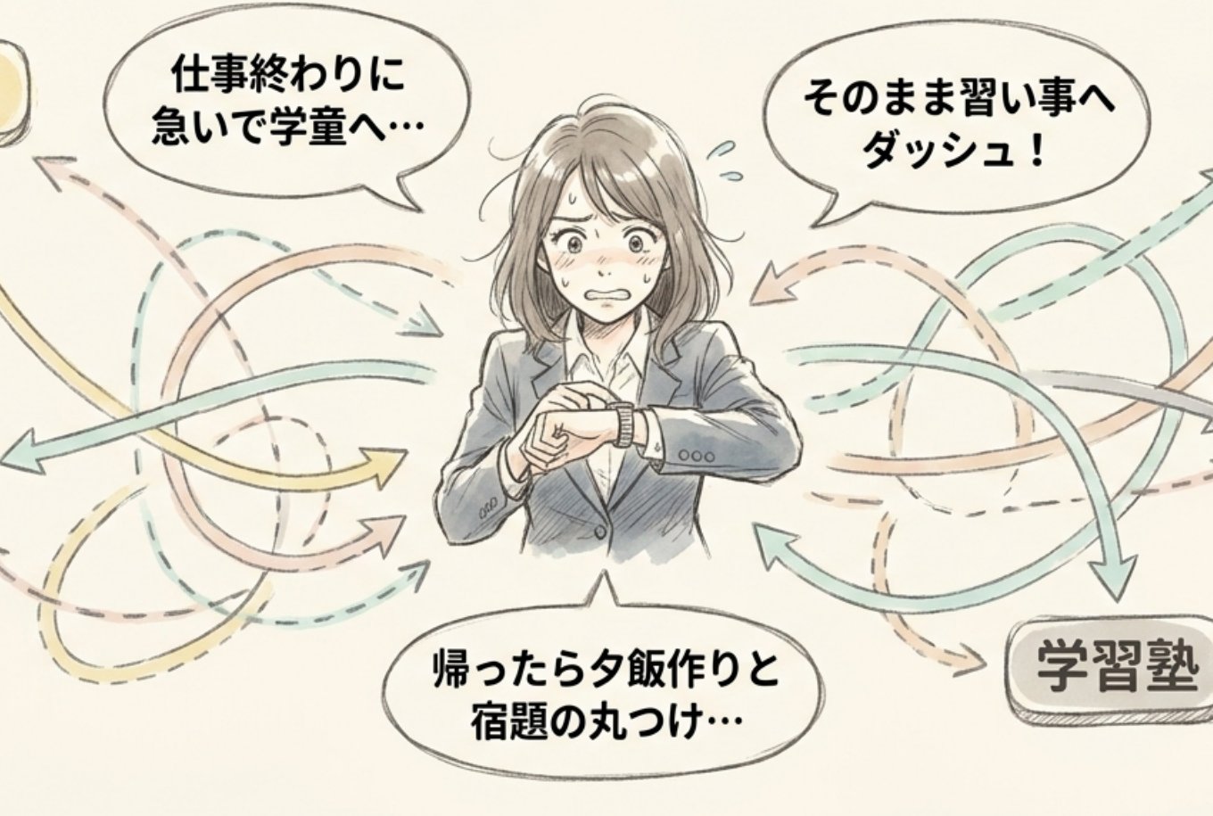 小学校・学童・習い事・塾へ、あちこち送迎に追われるお母さんのイラスト