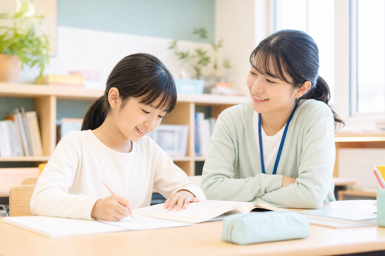 明るい教室で先生に見守られながら読み書きに取り組む小学生のイメージ