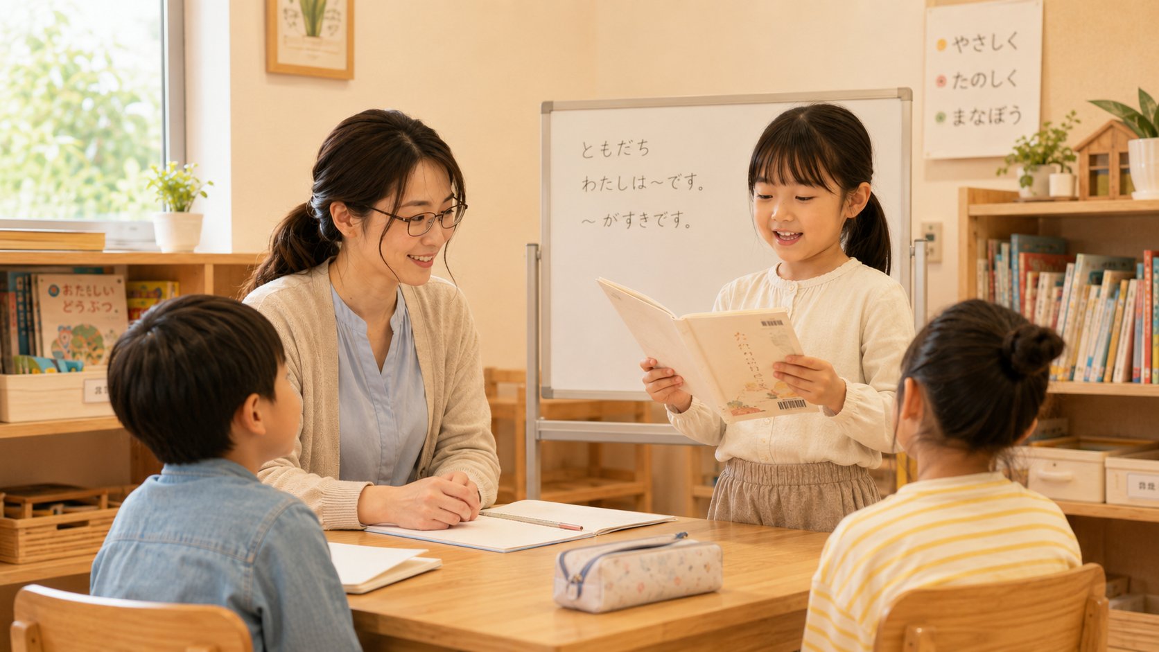 本を読んで発表する小学生と見守る先生のイメージ