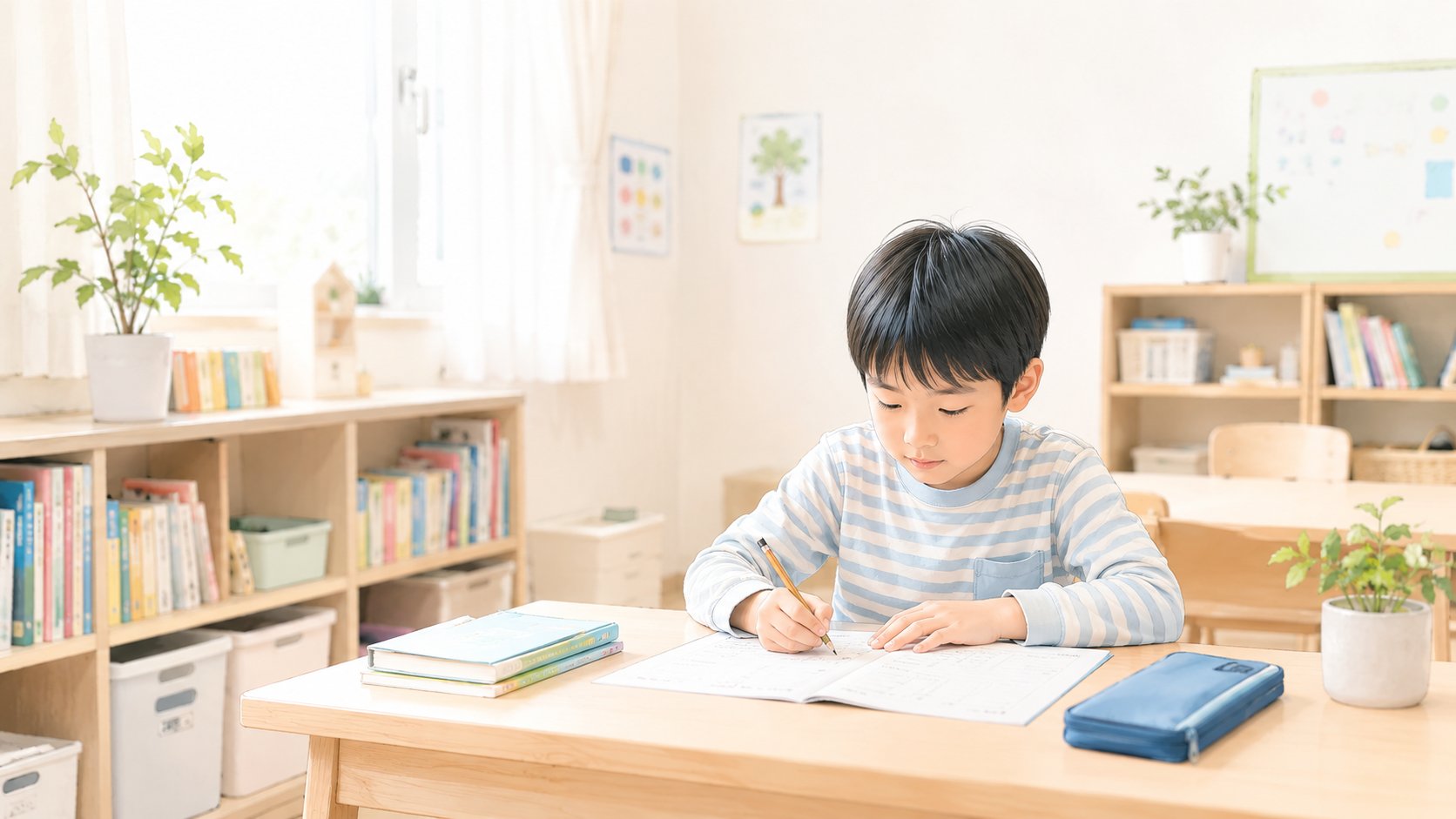 明るい教室で宿題に取り組む小学生のイメージ