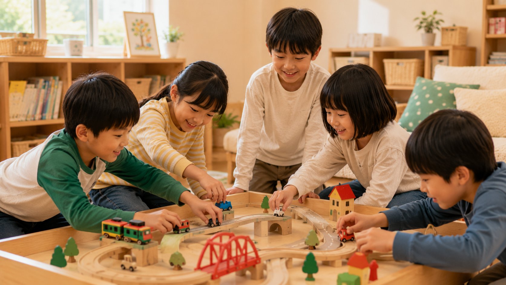 木のおもちゃで考えながら遊ぶ小学生のイメージ