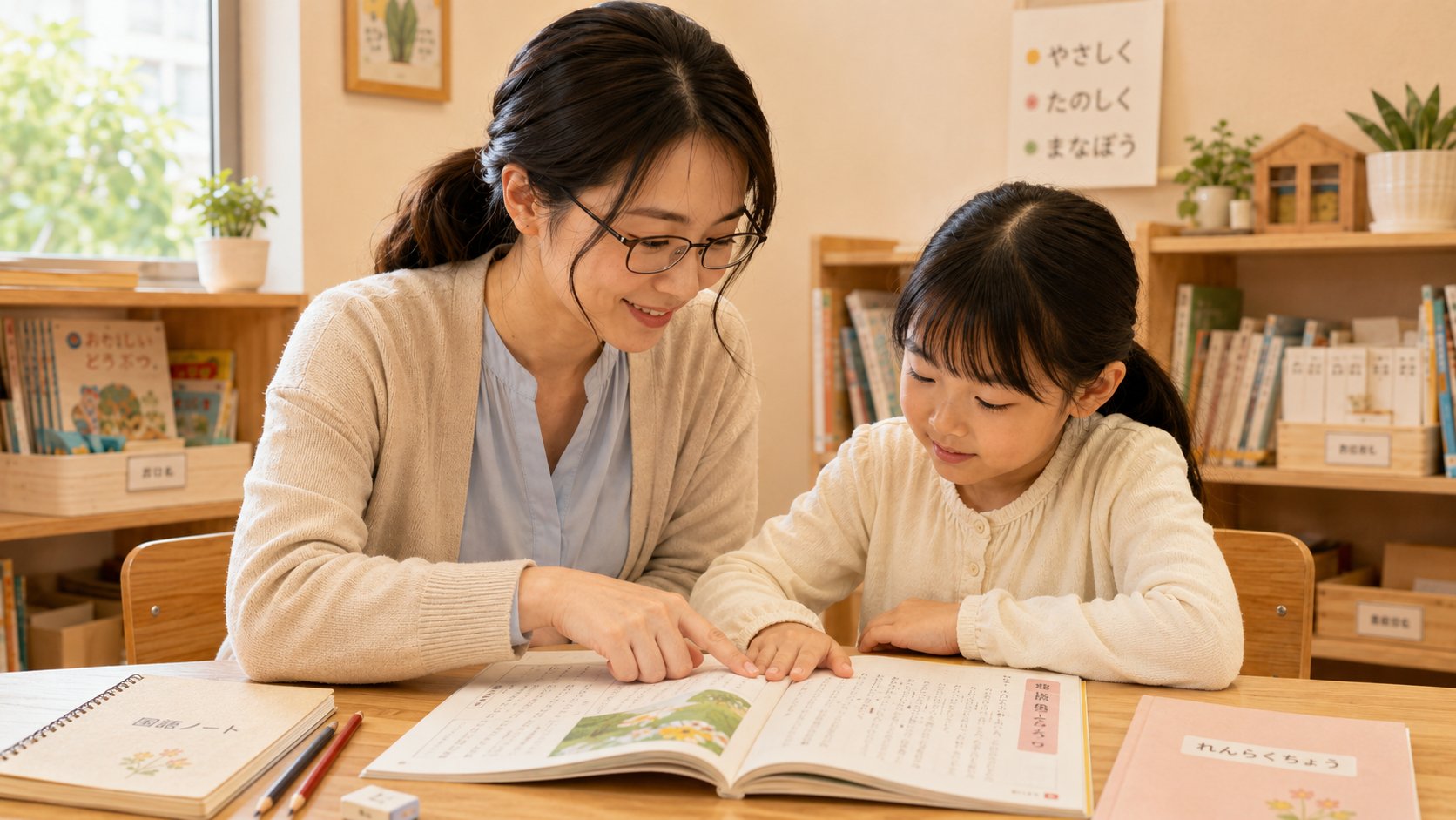 先生に見守られながら文章を読む小学生のイメージ