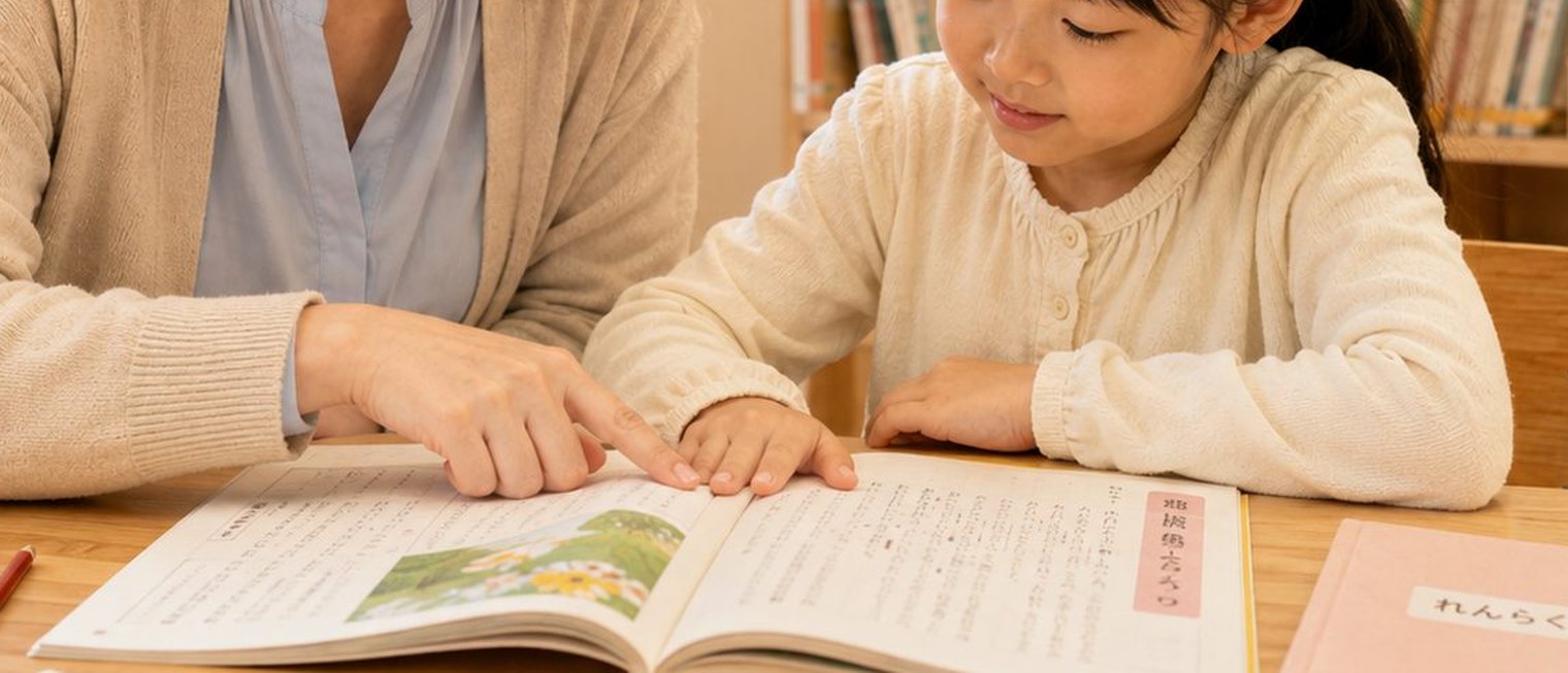 教科書を指さしながら、つまずいた場所を一緒に確かめる指導の様子